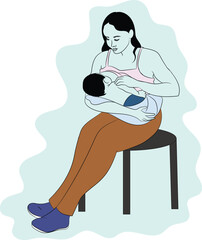 Vector Illustration of Mother Breastfeeding Baby While Sitting on a Stool