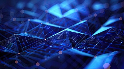 Abstract Technology Background With Interconnected Dot,Dynamic hexagonal grid in shades of dark blue and cyan, with glowing connections representing data flow