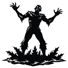 Silhouette of Monster Creature Standing on Spiked Ground with Arms Raised Up