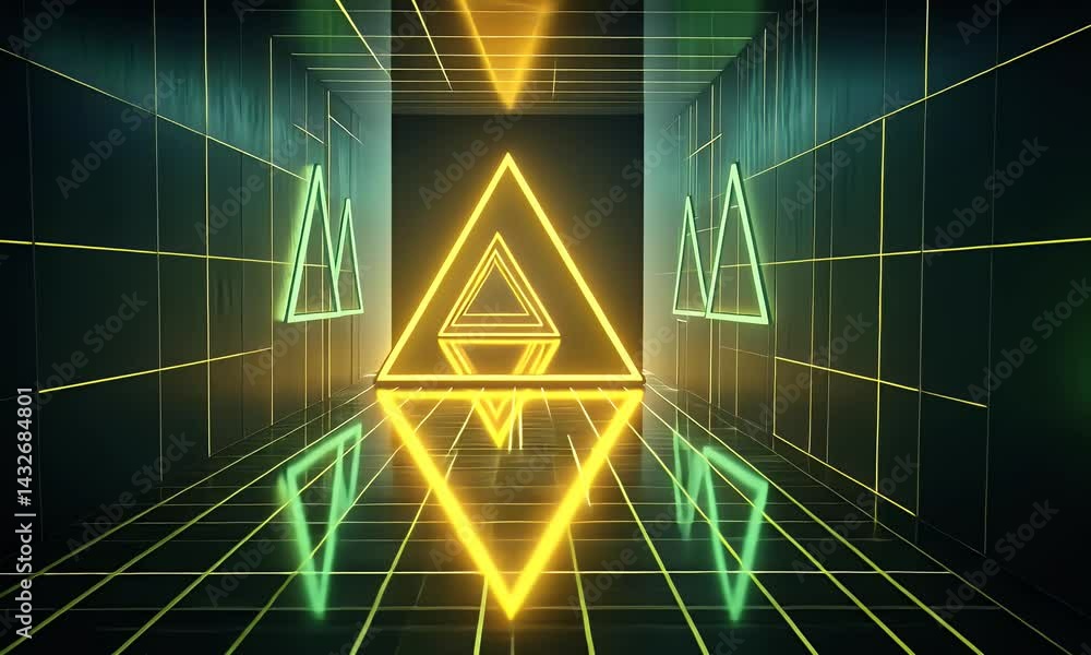 Poster a retro-futuristic room with glowing neon triangles on the walls, creating an immersive and colorful