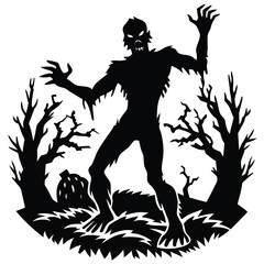 Fototapeta premium Black Silhouette Zombie Monster Emerging from Forest, Halloween Night, Spooky