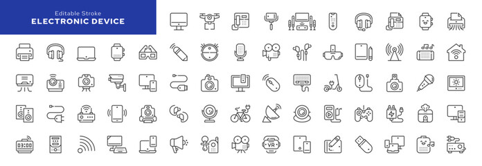 Electronic devices line icon set. Smart mobile gadgets, computer, laptop, phone, tablet, watch, speaker and technology. Outline vector icon in linear style. Series of pictograms.