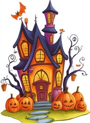 Cartoon Haunted House With Pumpkins And Bats For Halloween