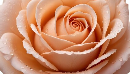 A close-up shot of a peach rose with water droplets, a symbol of beauty and freshness.