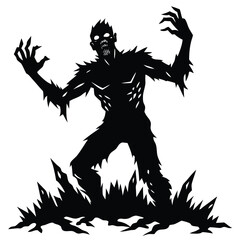 Stylized Zombie Silhouette with Sharp Claws, Teeth, and Jagged Edges in Black