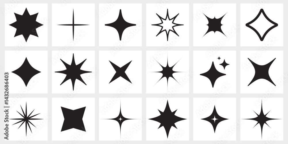 Aufkleber sparkling star icon set. decorative twinkle and bursts shapes collection. shining flash basic forms