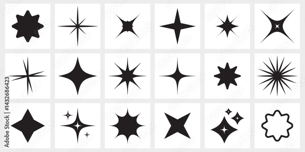 Poster sparkling star icon set. decorative twinkle and bursts shapes collection. shining flash basic forms