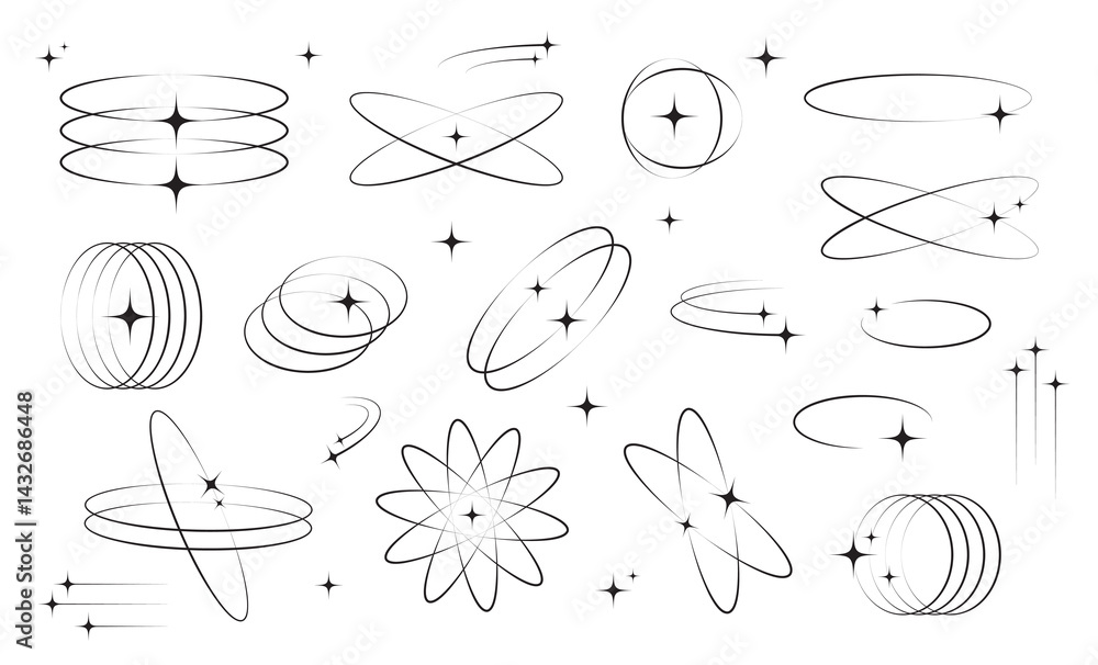 Poster aesthetic line y2k star icon set. minimal geometric linear frames and borders with twinkle star.