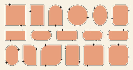 Aesthetic geometric frames with stars. Star retro line border set, round, squared, arch forms © Marina