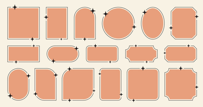 Aesthetic geometric frames with stars. Star retro line border set, round, squared, arch forms