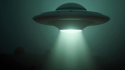 Dramatic glowing ufo hovers in dim, foggy environment with an eerie luminescence