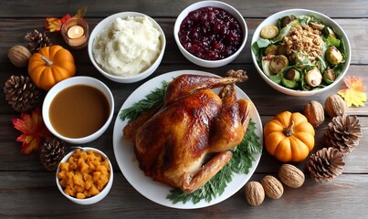 Thanksgiving dinner spread with roasted turkey, mashed potatoes, cranberry sauce, and green salad