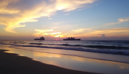 Sunset over ocean with ships (1)