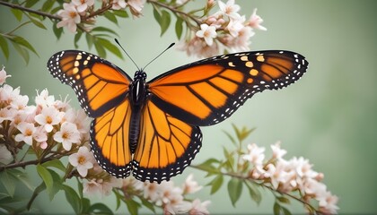 Fototapeta premium A stunning monarch butterfly with orange and black wings perched on a flower branch.