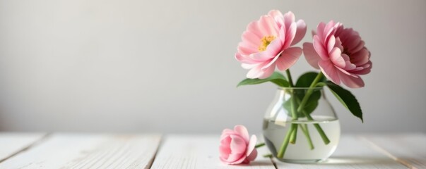 Delicate pale pink ranunculus in glass vase on light wood , vase, home decor