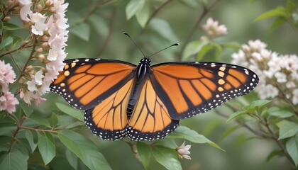 Obraz premium A stunning monarch butterfly displaying its detailed wings, perched elegantly on a branch near blossoms.