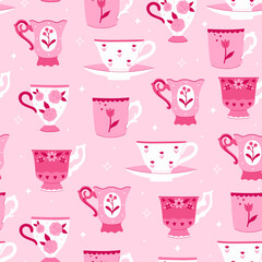 Seamless pattern with vintage cups in pink tones. Vector graphics.