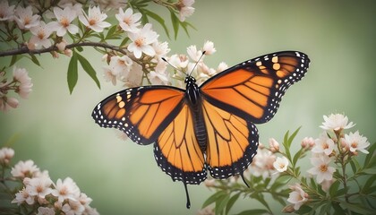 Fototapeta premium A beautiful monarch butterfly perched on blossoming white flowers in a peaceful scene.