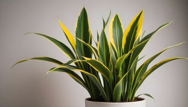 A close-up shot of a lush snake plant with vibrant green and yellow leaves, potted.