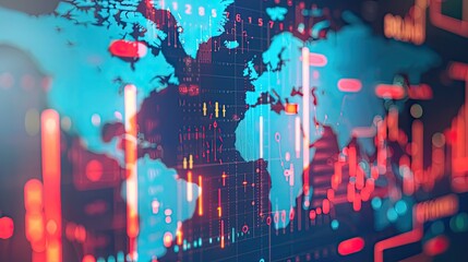 Global Financial Data Visualization with Line Graphs on World Map, Analytics Datapoints ,Global Finance Network Abstract World Map with Glowing Lines and Financial Data Visualizations