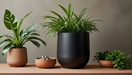 Several lush indoor plants in terracotta pots create a tranquil and inviting atmosphere.
