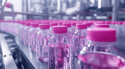 Pink bottles on a conveyor belt