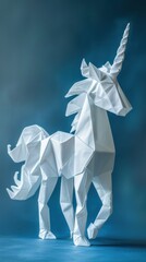 White Origami Unicorn on Blue Background
