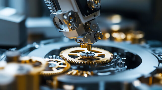 A robotic arm in a precision watchmaking workshop, assembling intricate mechanical components, Horology-tech style