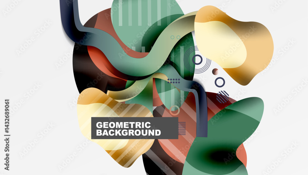 Poster Abstract shapes overlap, creating dynamic composition. Colors blend, forming modern geometric background. Lines, circles add visual interest.