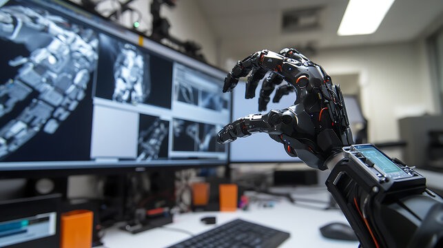 A robotic arm in a robotics testing lab, manipulating a humanoid robot's hand for motion analysis, engineers observing sensor feedback on large monitors