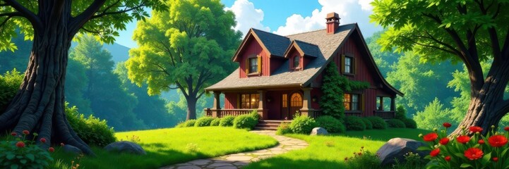 Candy-colored home, lush greenery, fantasy forest , nature, graphic