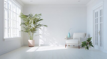 Bright Living Room with Empty White Wall, Simple Furniture, Natural Window Light, Clean Minimalist Design