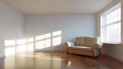 Fototapeta premium Bright Living Room with Empty White Wall, Simple Furniture, Natural Window Light, Clean Minimalist Design