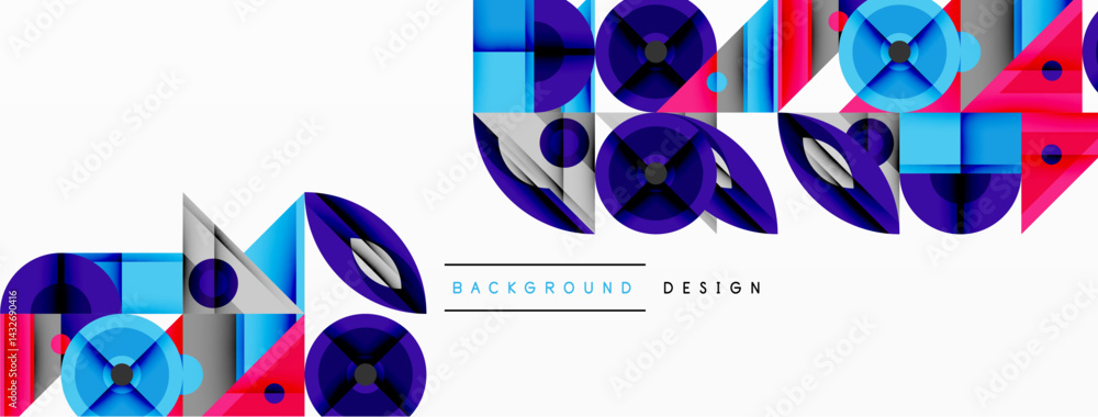 Poster Abstract geometric shapes, vibrant colors, modern design. Overlapping elements create dynamic composition, suitable for backgrounds.