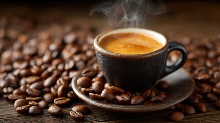 Fototapeta premium Close-up of Espresso Cup Surrounded by Coffee Beans, Rich Brown Tones, Steam Rising, Shallow Depth of Field, Dark Wooden Table Background