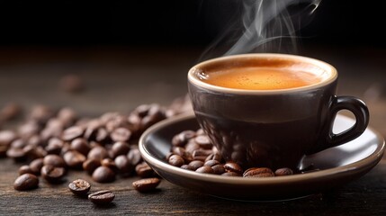 Fototapeta premium Close-up of Espresso Cup Surrounded by Coffee Beans, Rich Brown Tones, Steam Rising, Shallow Depth of Field, Dark Wooden Table Background