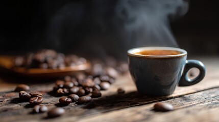 Fototapeta premium Close-up of Espresso Cup Surrounded by Coffee Beans, Rich Brown Tones, Steam Rising, Shallow Depth of Field, Dark Wooden Table Background