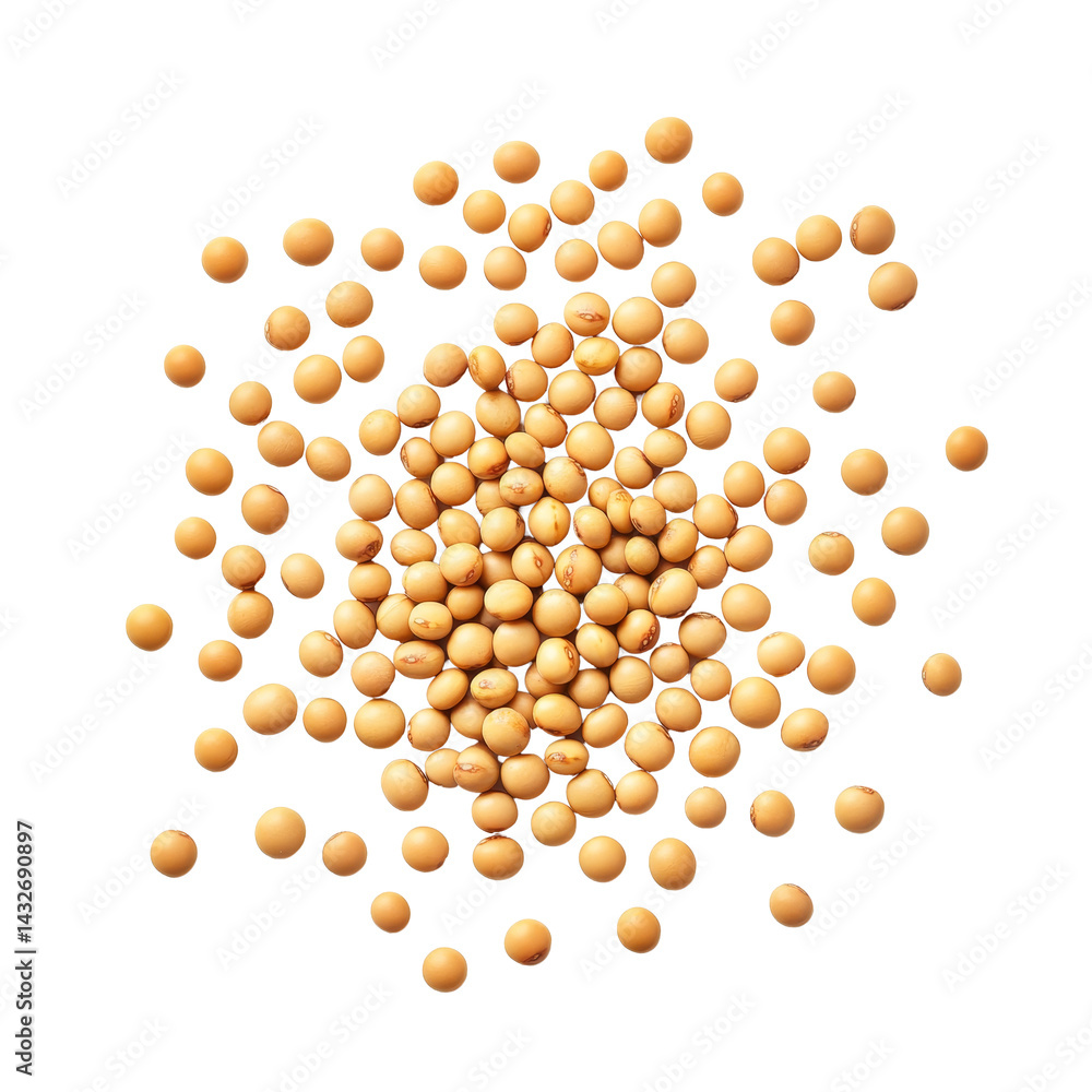 Poster soybean seeds scattered on a clean transparent background emphasizing their smooth texture and natur