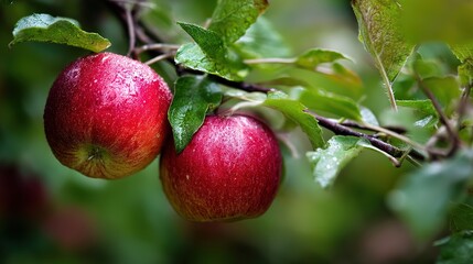 Obraz premium Close-up of Fresh Red Apples with Water Droplets, Vibrant Colors Against Blurred Green Foliage Background, Natural Morning Light, Shallow Depth of Field