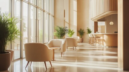 The interior of a luxurious hotel lobby.	
