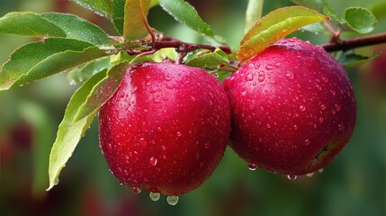 Obraz premium Close-up of Fresh Red Apples with Water Droplets, Vibrant Colors Against Blurred Green Foliage Background, Natural Morning Light, Shallow Depth of Field