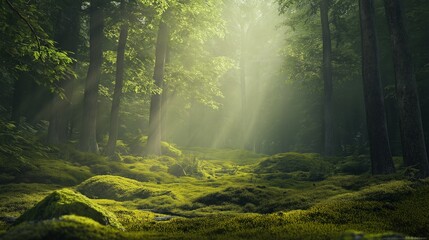 Obraz premium Sunlight falls down through the deep canopy of forest trees.