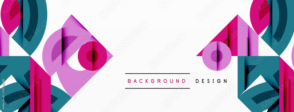 Poster abstract geometric shapes, pink, teal colors dominate. minimalist design with layered elements creat