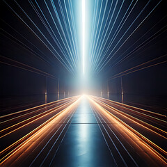 Dynamic light trails futuristic tunnel digital art abstract space low angle motion concept