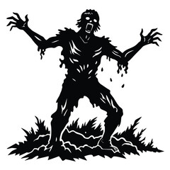 Silhouette Zombie Figure Emerging from Forest in Round | Spooky, Isolated