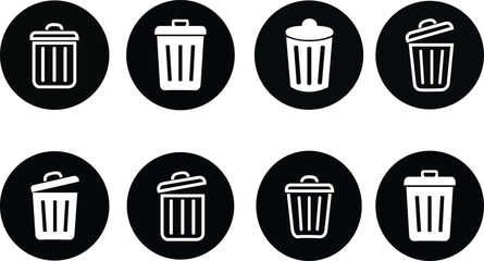 Trash can black flat and outline icons set. Recycle bin symbols. Garbage tank illustration. Waste sorting container collection suitable for web page and mobile app isolated on transparent background.