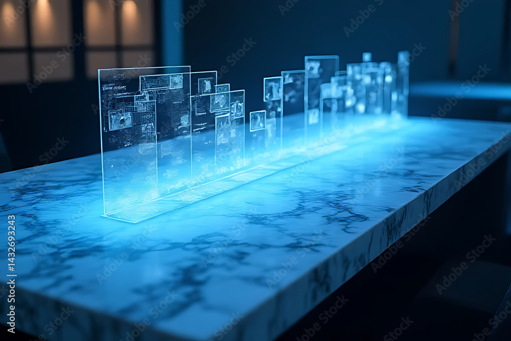 Poster illuminated data display modern office space photography high-tech environment close-up innovation