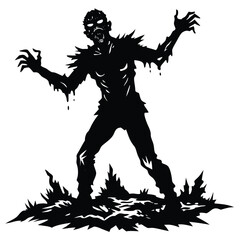 Silhouette of hand rising from ground, with bats and bare trees, circled art