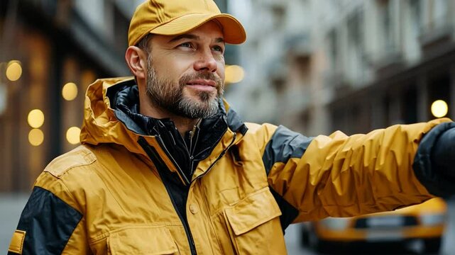 Confident man in yellow jacket and cap stands on urban street, showcasing stylish look and lively expression.