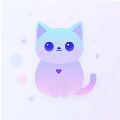 Obraz premium Adorable vexel-style kawaii cat with pastel purple and mint fur, big sparkling eyes, and a tiny heart nose. Soft gradients, no outlines, surrounded by floating stars and bubbles.